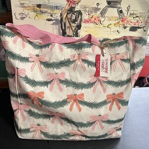 Peppermint square Christmas bow tote cloth handles